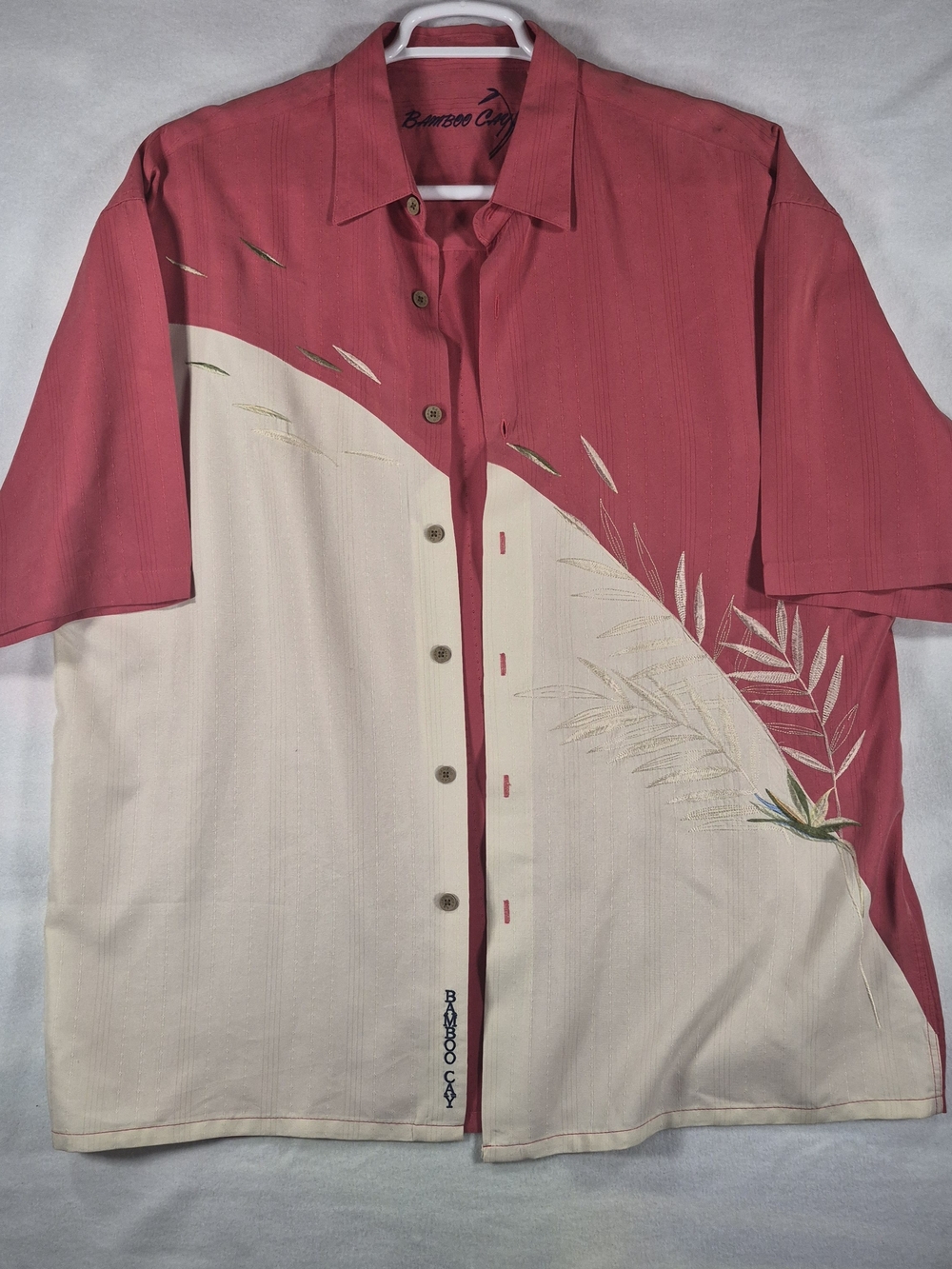 BAMBOO Men's Red and Cream Short-Sleeve Camp Shirt